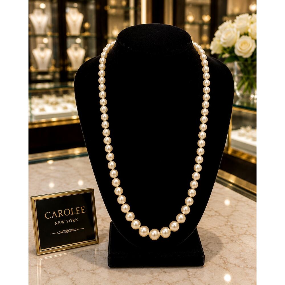 Vintage Carolee 29" Faux Pearl Necklace Hand Knotted Gold Tone Signed Clasp